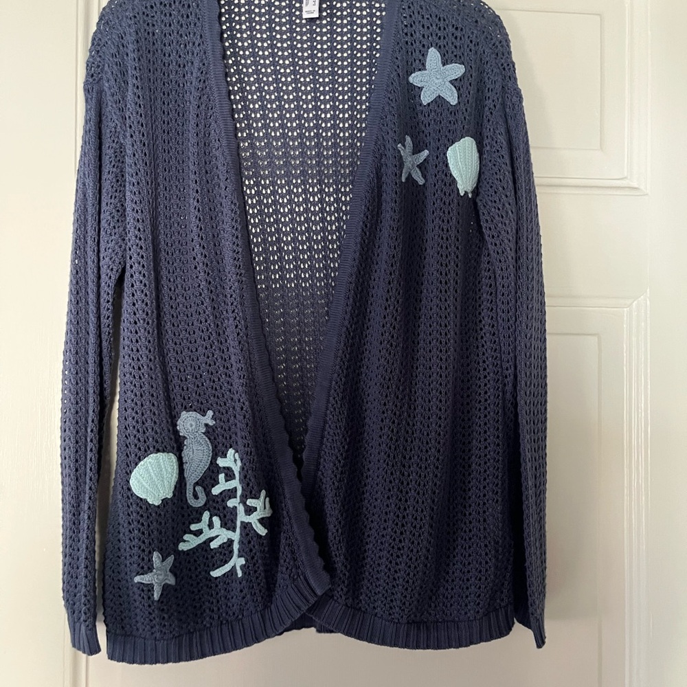 Isaac Mizrahi Navy Open-Front Knit Cardigan with Light Blue Sea Appliqués